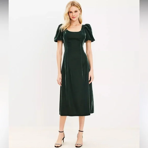 LOFT | Dresses | Nwt Loft Midi Flare Puff Sleeve Velvet Dress | Poshmark